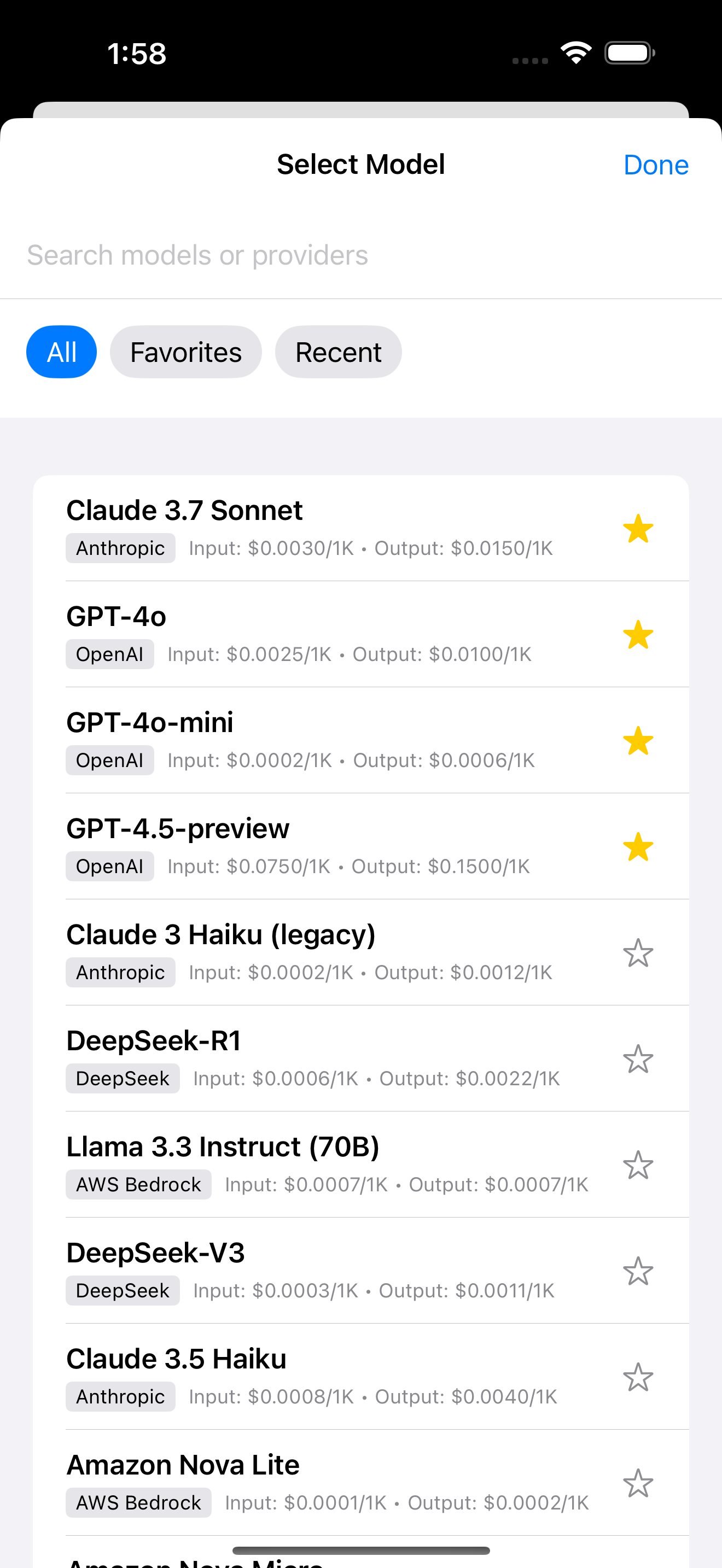 AI Cost Calc iPhone - Model Selection